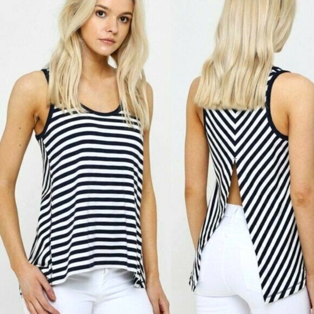RAG & BONE Kat Split Back Tank Top Blue White Stripe Modal French Terry